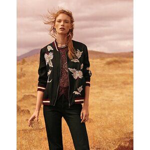 Anthropologie Elevenses Solstice Black Embroidered Floral Zip Front Jacket Sz XS